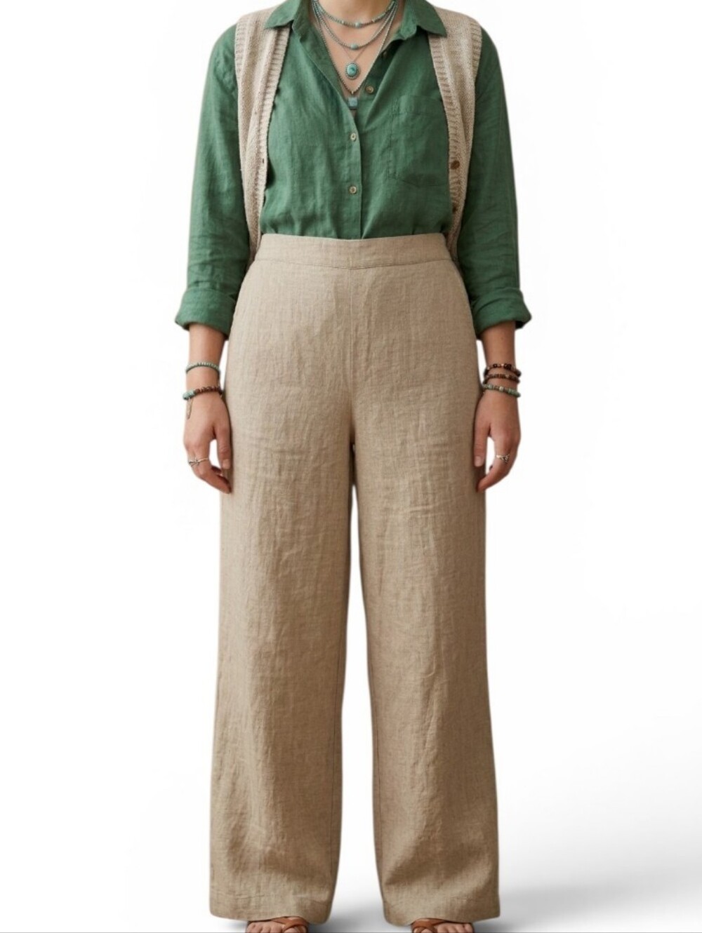 ​Coldwater Creek Tan Linen Cotton Wide Leg Culottes High Waist Pants Medium